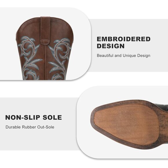 ⭐Round Toe Embroidered Mid High Wide Calf Chunky Pull on Boot Inside Zipper💫 - Picture 2 of 8